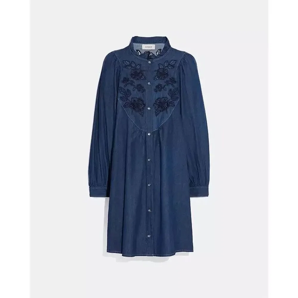 Coach Embroidered Denim Mini Shirt Dress Size 4 Made in Italy